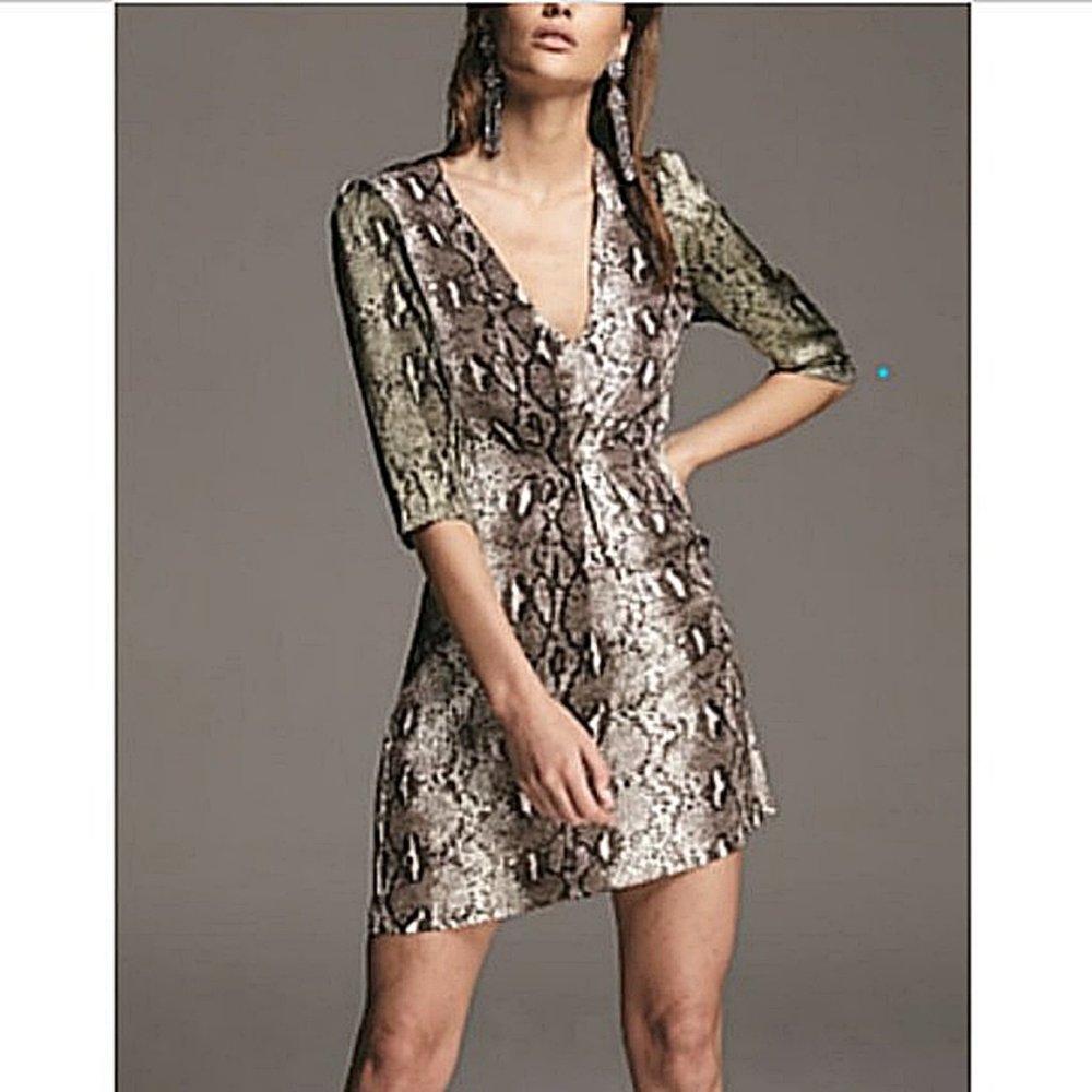 Nwt Sen Snake Print Reptile Mini Dress XS Womens Plunge V Neck Edgy Bold Chic